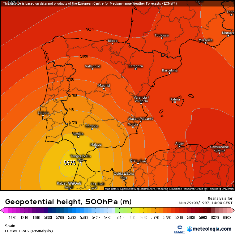 Geopotencial en 500 hPa del reanálisis ERA5 para el 29 de septiembre de 1997 a las 14:00 CEST