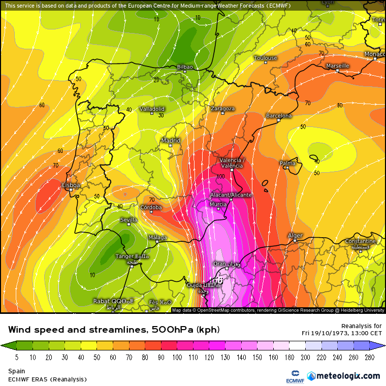 Mapa de reanálisis ERA5 de viento y líneas de corriente del 19 de octubre de 1973